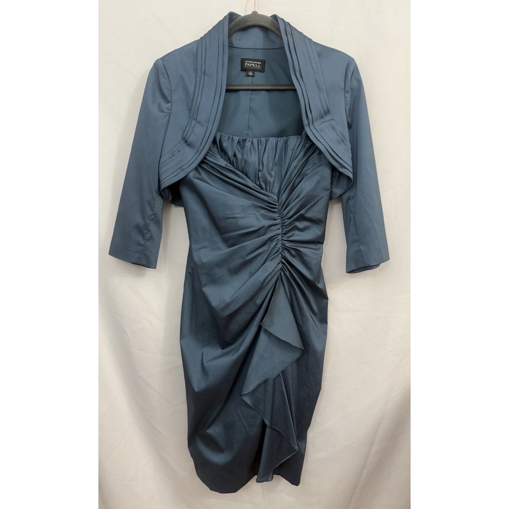 Adrianna Papell 2 PC Teal Taffeta Ruched Cocktail Dress and Bolero Jacket Size 6